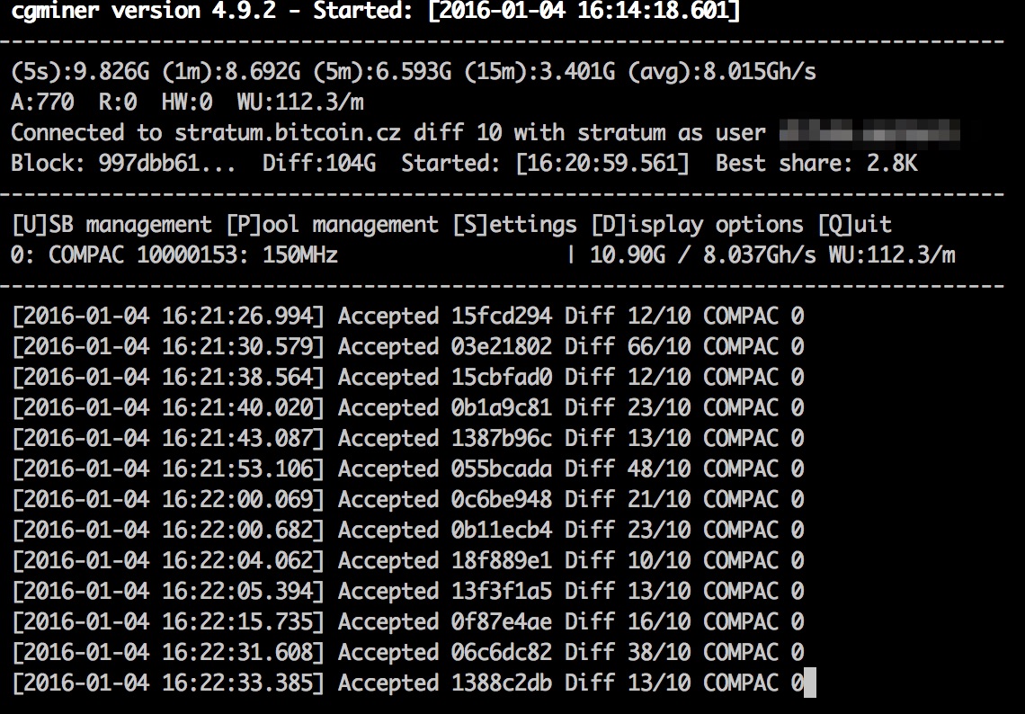 CGMiner auf RaspberryPI mit GekkoScience Compac 8-16 GH/s, max. 23 GH/s